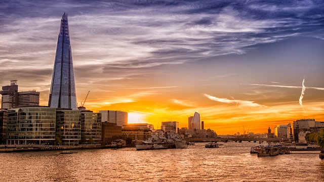 Sunset over the Shard and the Thames.